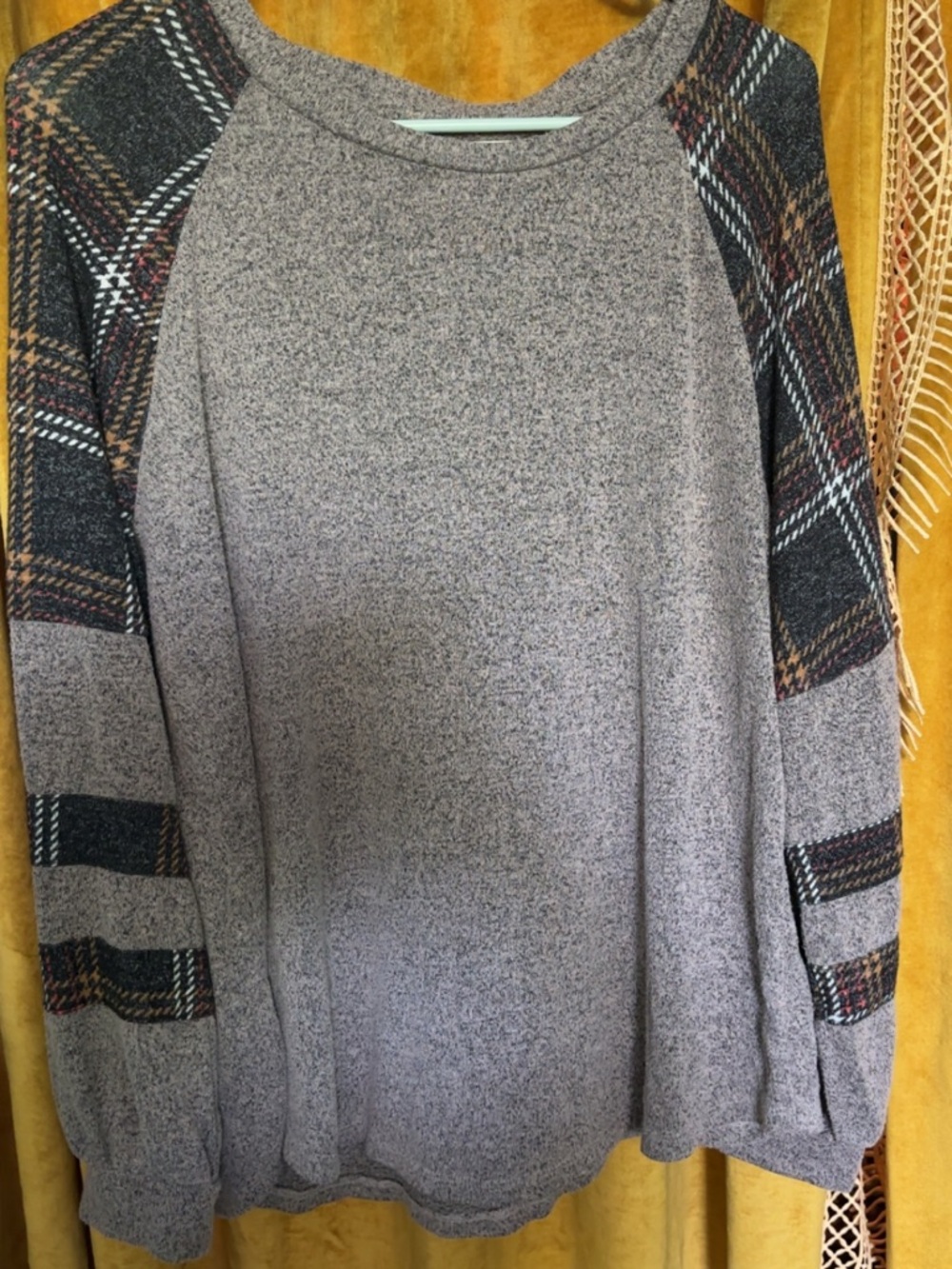Maurices Heather Gray Crewneck Sweater with Plaid Sleeve Panels